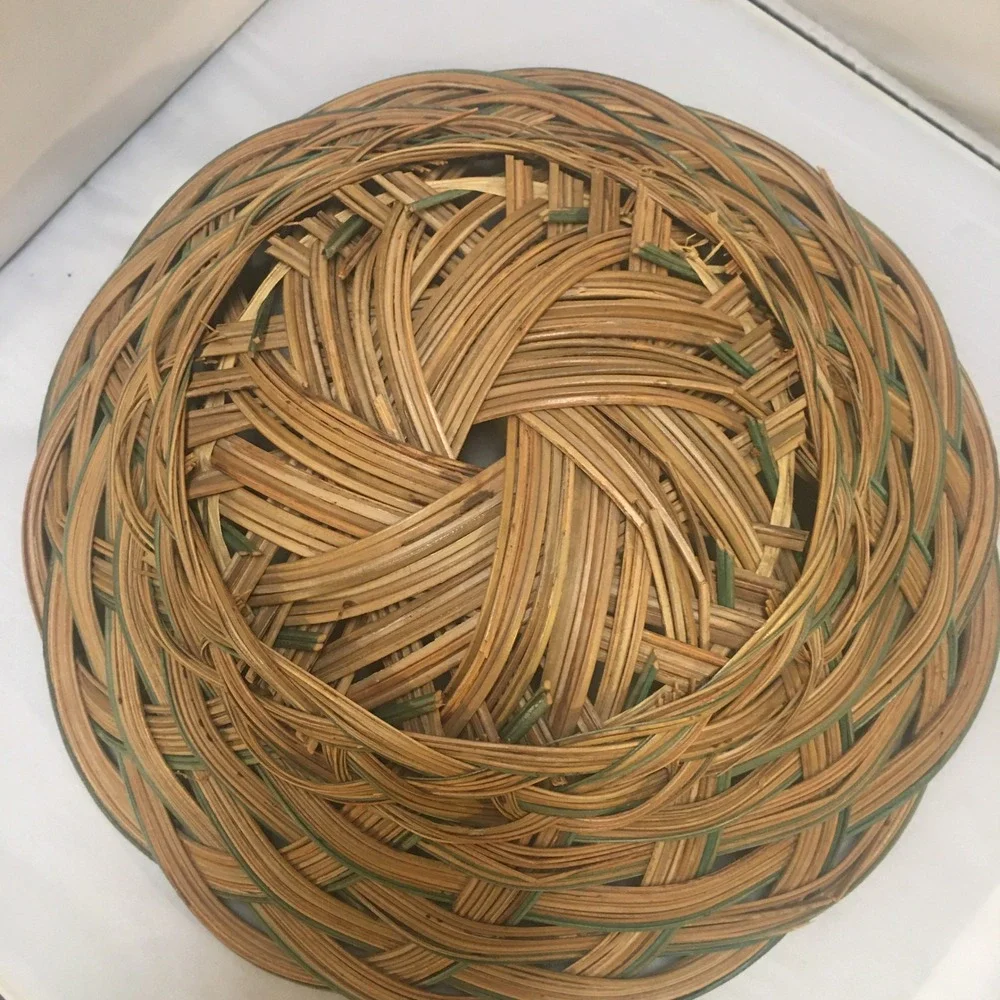 Woven Wicker Basket Bowl Unisex 11.5in Brown Green Boho Decor Cottagecore